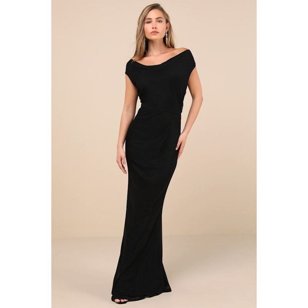 Lulus Stunning Mystery Black Mesh Cowl Back Mermaid Maxi Dress - Size XS